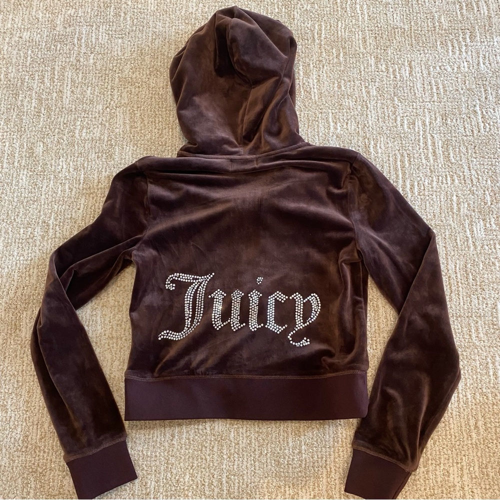 Juicy Couture NWOT chocolate Brown Velour Rhinestone Logo Hoodie Jacket size S